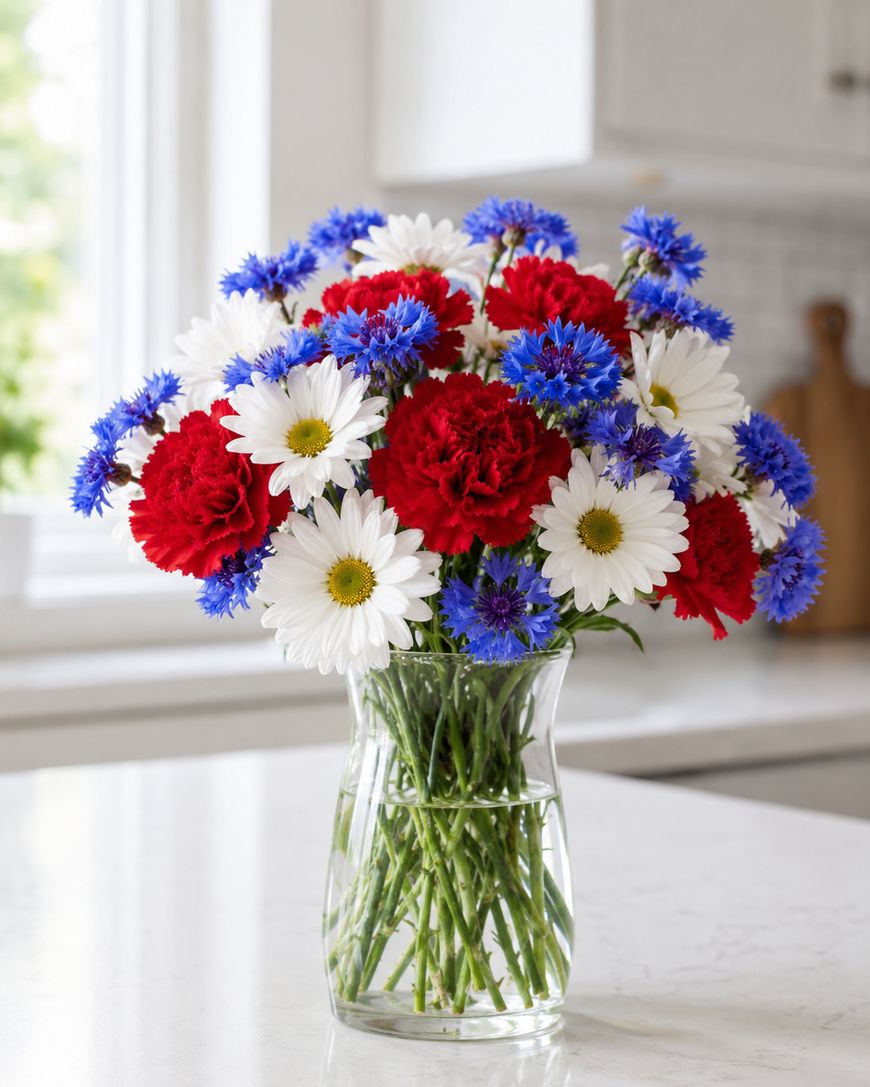 A clear glass vase holds a bouquet of red carnations, white daisies, and blue cornflowers, arranged on a white countertop in a bright, modern kitchen.