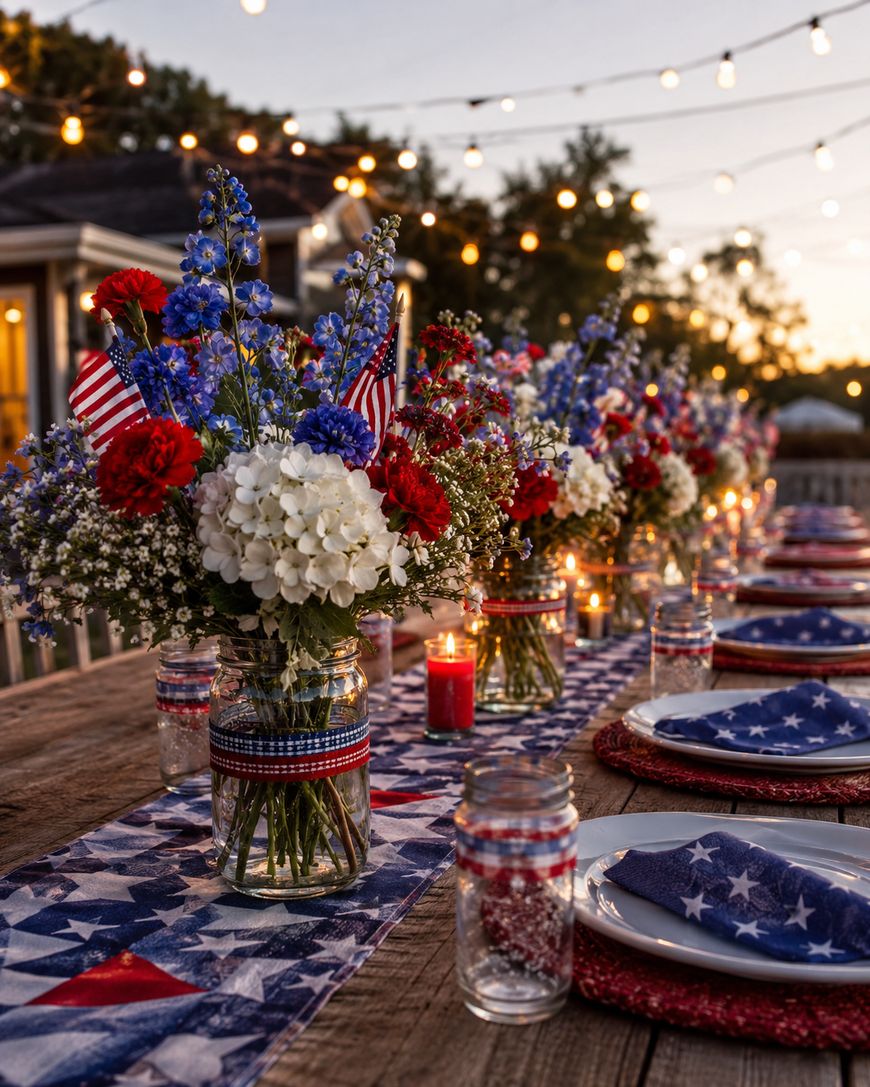 A festive outdoor table is set with red, white, and blue flowers in mason jars, American flags, string lights, and patriotic napkins, creating a warm, celebratory atmosphere at sunset.