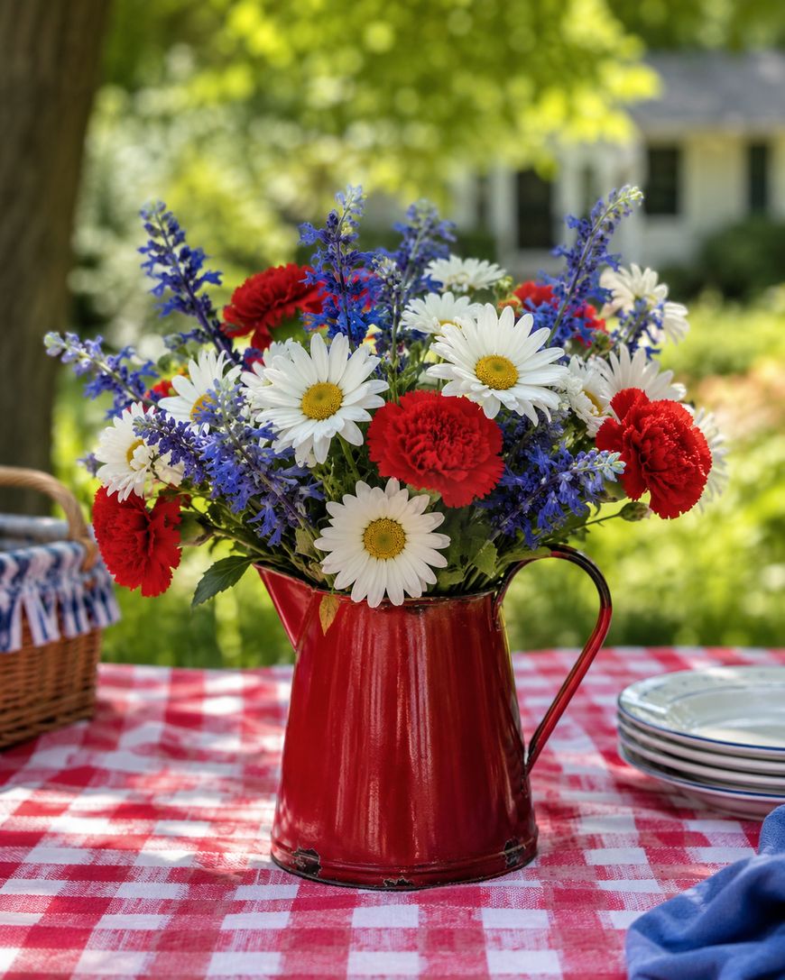 A red pitcher filled with white daisies, red carnations, and blue flowers sits on a red-and-white checkered tablecloth outdoors, with plates stacked nearby and greenery in the background.