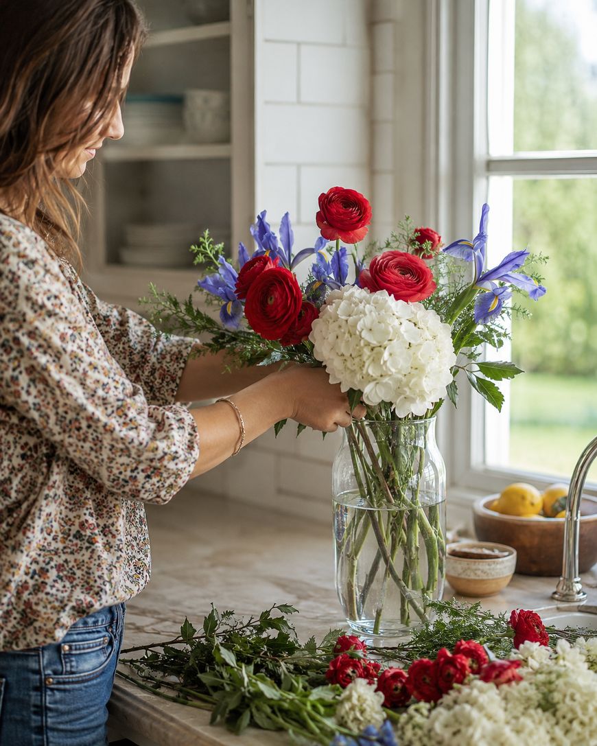 A woman arranges a bouquet of red, white, and purple flowers in a glass vase on a kitchen counter, with more flowers and greenery spread out in front of her. A window and a bowl of lemons are visible in the background.