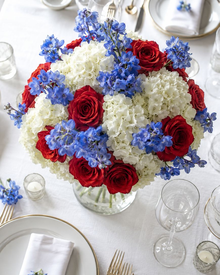 A floral centerpiece with red roses, white hydrangeas, and blue delphiniums in a clear vase, surrounded by elegant place settings on a white tablecloth.
