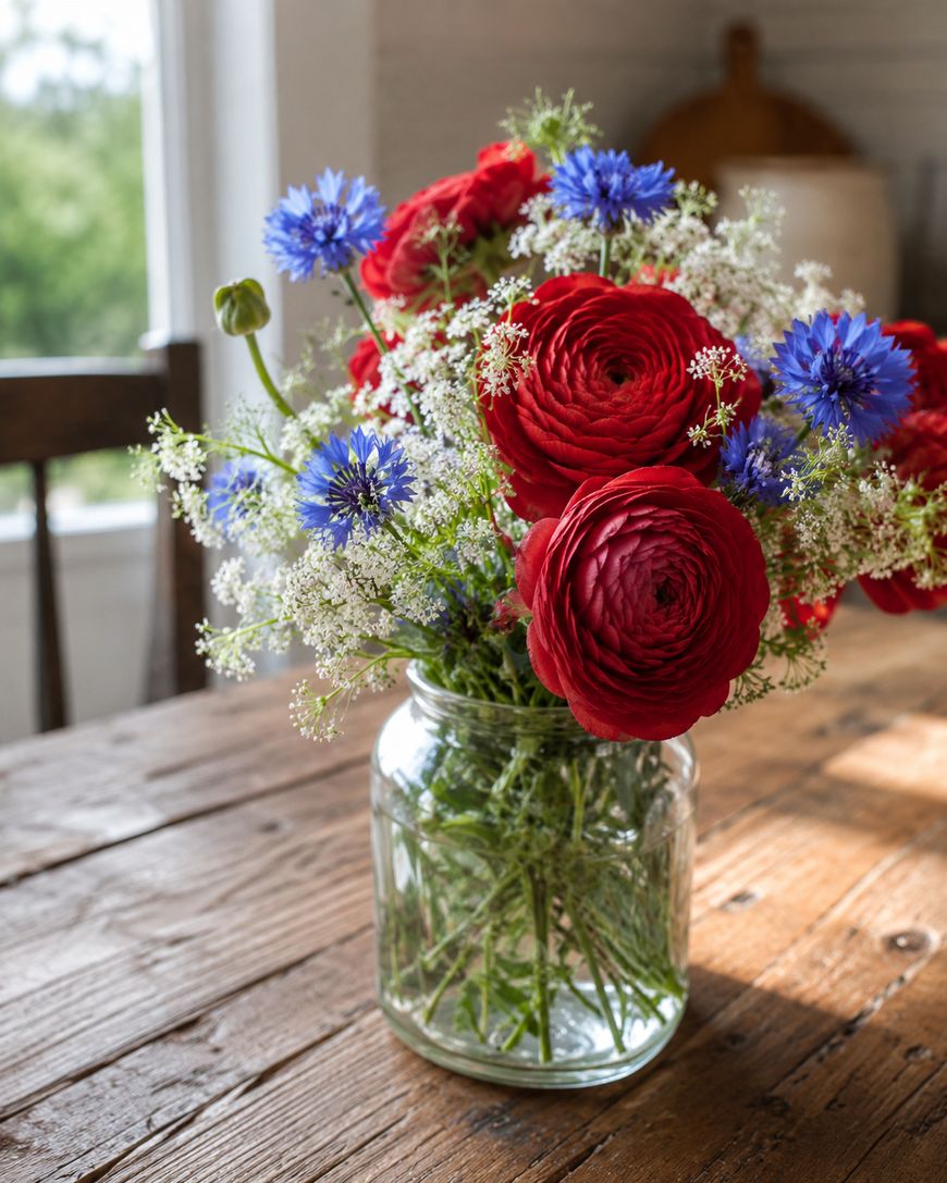 A glass jar filled with a bouquet of red, blue, and white flowers sits on a rustic wooden table, with sunlight streaming in from a nearby window.