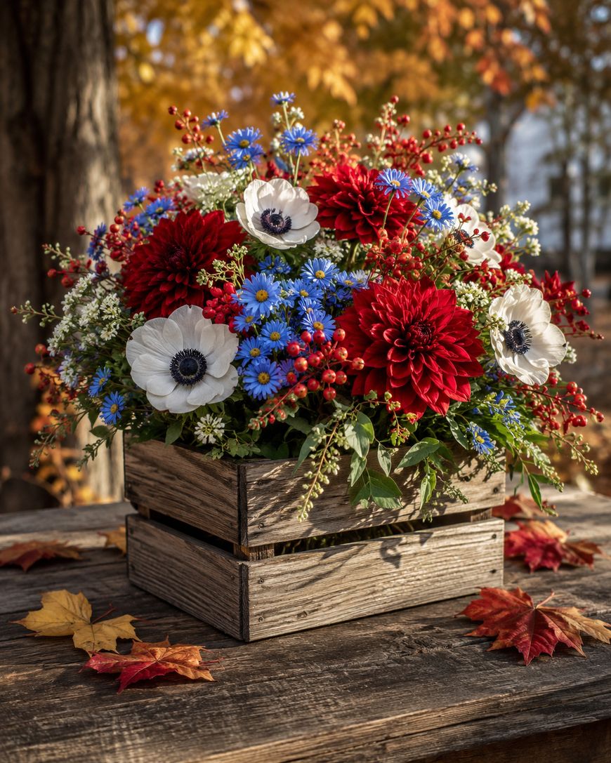 A rustic wooden crate holds a vibrant bouquet of red dahlias, white anemones, blue asters, and greenery. The arrangement sits on a weathered wooden table surrounded by fallen autumn leaves. Trees with orange foliage are in the background.