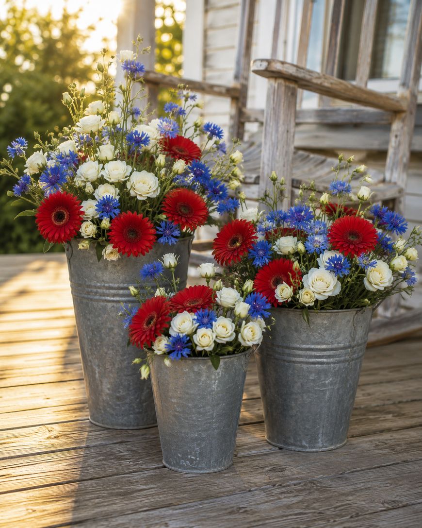 Three galvanized metal buckets filled with red, white, and blue flowers sit on a wooden porch near a rustic rocking chair, with warm sunlight shining in the background.