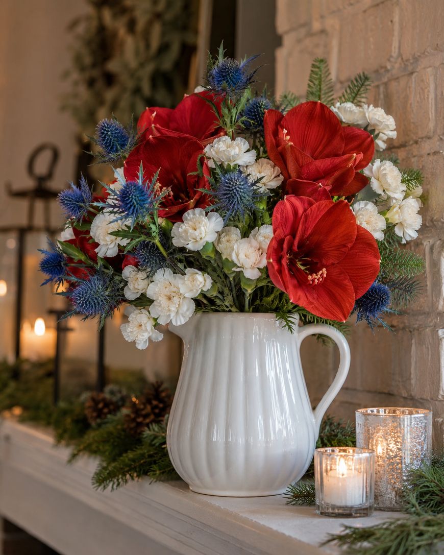 A white ceramic pitcher holds a bouquet of red, white, and blue flowers with greenery, set on a mantle decorated with pine branches, pine cones, and lit candles in glass holders.