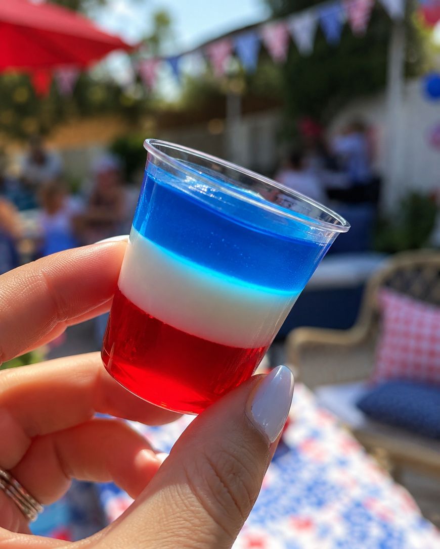 A hand holds a small cup with layered red, white, and blue gelatin. In the background, there are blurred outdoor party decorations, including bunting and people.