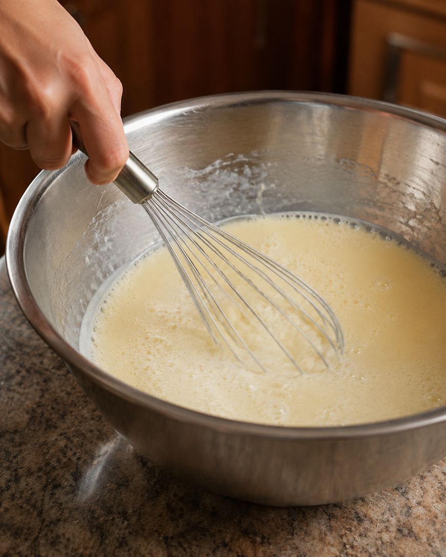 A hand is whisking a creamy yellow batter in a large metal mixing bowl placed on a kitchen counter.