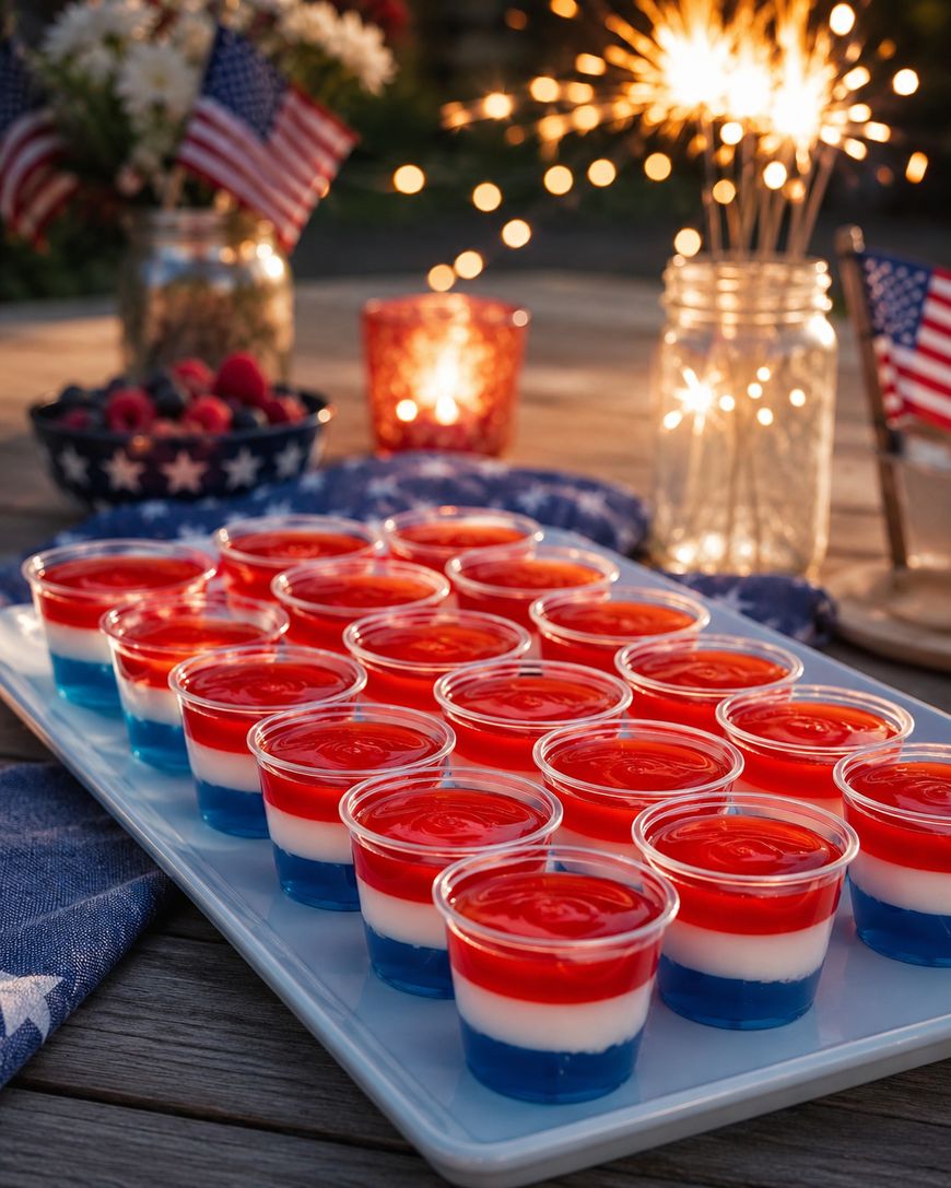 A tray of red, white, and blue layered gelatin cups sits on a table with sparklers, candles, berries, and American flag decorations in the background, creating a festive patriotic atmosphere.