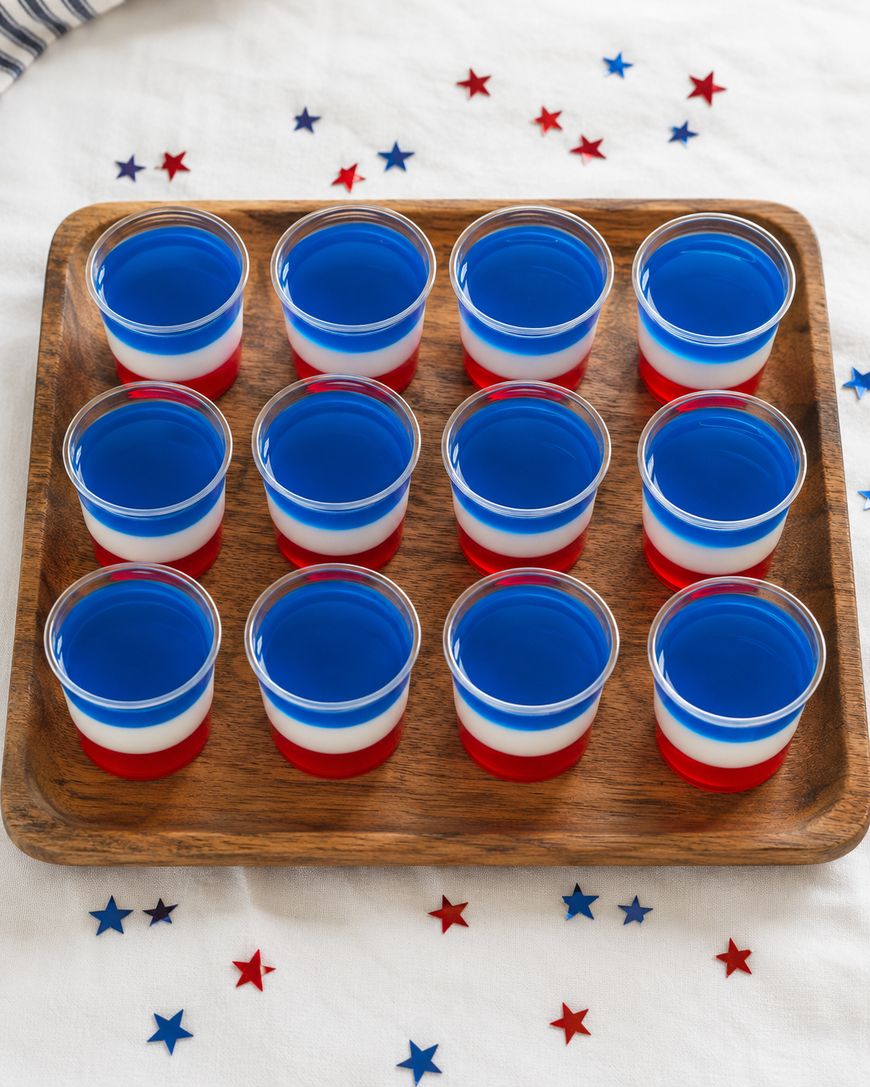 A wooden tray holds twelve small cups with layered red, white, and blue gelatin, arranged in a grid. Red, white, and blue star-shaped confetti decorates the white tablecloth underneath.