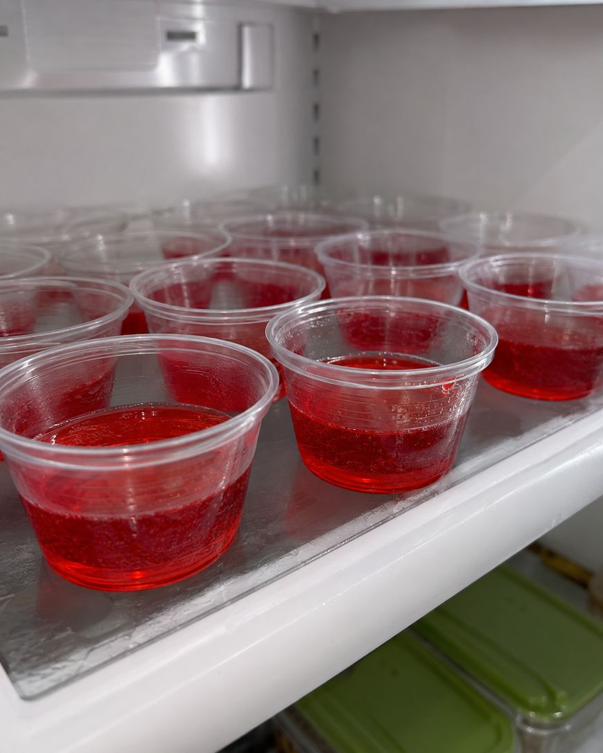 Small clear plastic cups filled with red gelatin are lined up on a refrigerator shelf, with more cups visible in the background and green-lidded containers below.