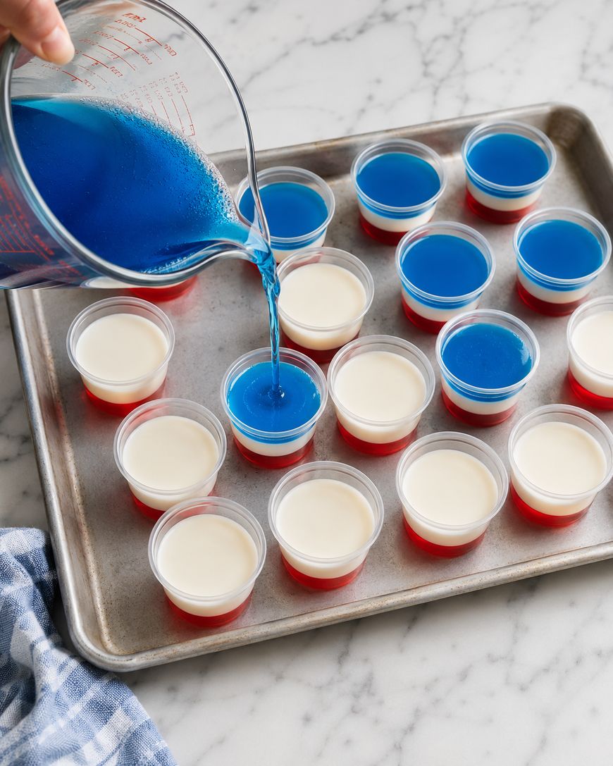 A hand pours blue liquid from a measuring cup into small plastic cups with white and red layers, arranged on a baking sheet on a marble surface. A kitchen towel is nearby.