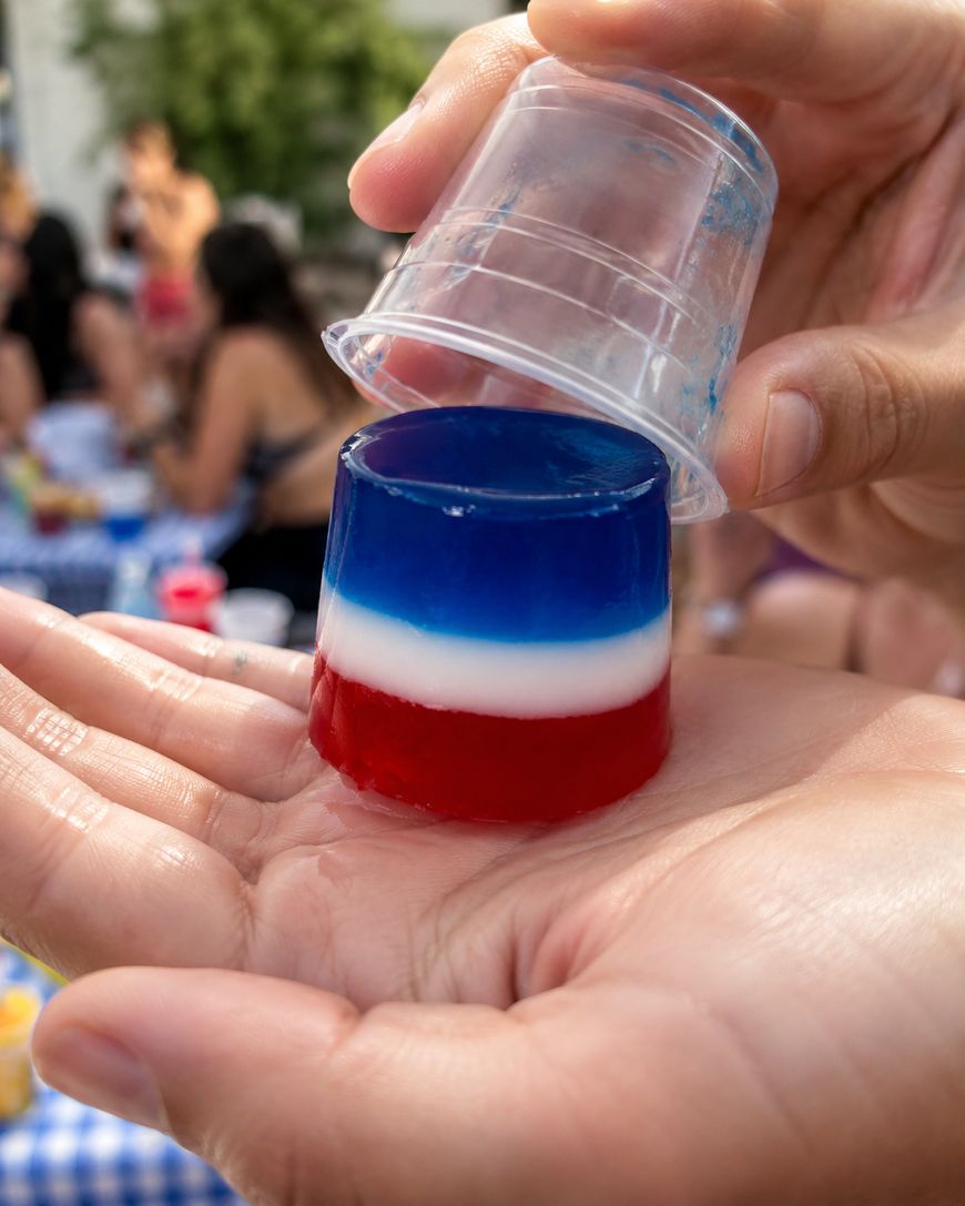 A hand holds a red, white, and blue layered gelatin dessert, partially covered by a plastic cup, with blurred people and picnic tables in the background.