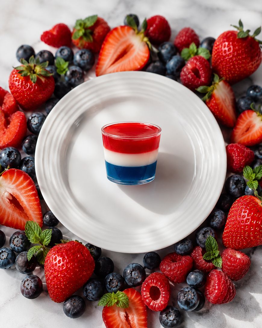 A glass of layered red, white, and blue dessert sits on a white plate, surrounded by fresh strawberries, blueberries, and raspberries on a marble surface.
