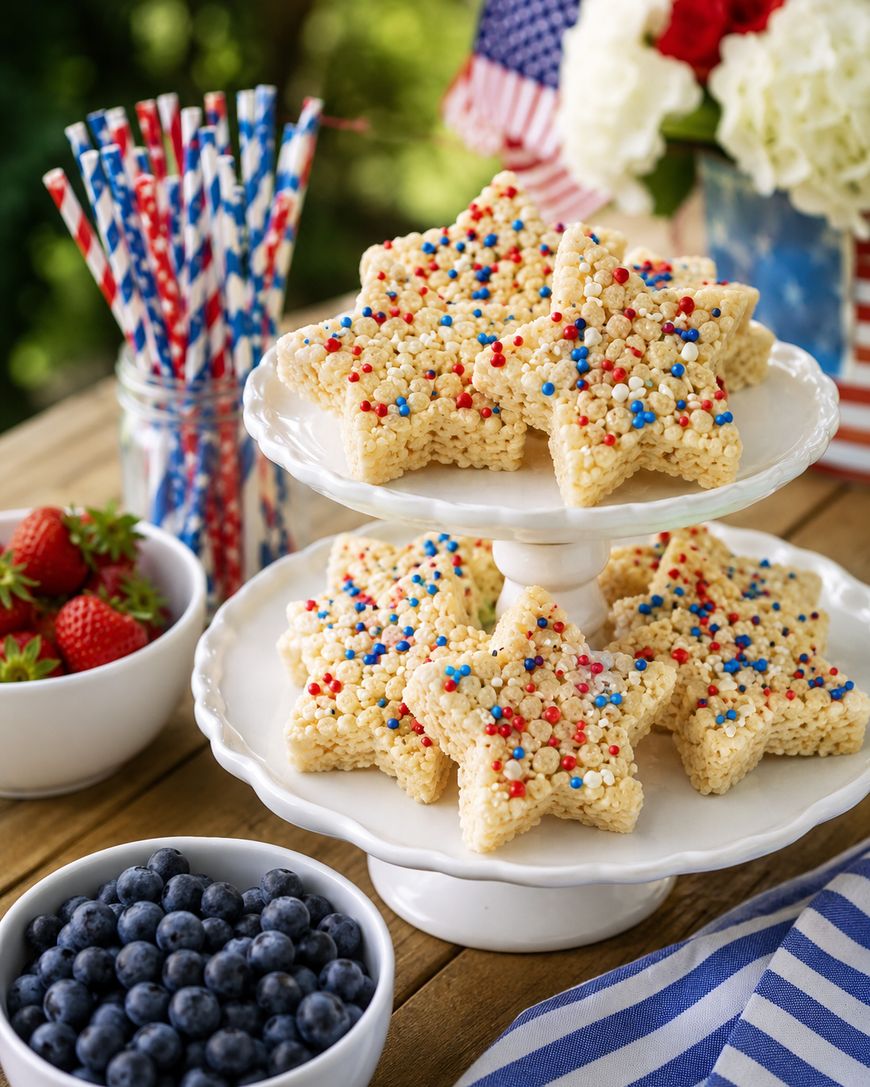 Star-shaped Rice Krispies treats topped with red, white, and blue sprinkles are displayed on a tiered tray. Nearby are bowls of strawberries and blueberries, striped straws, and patriotic decorations.