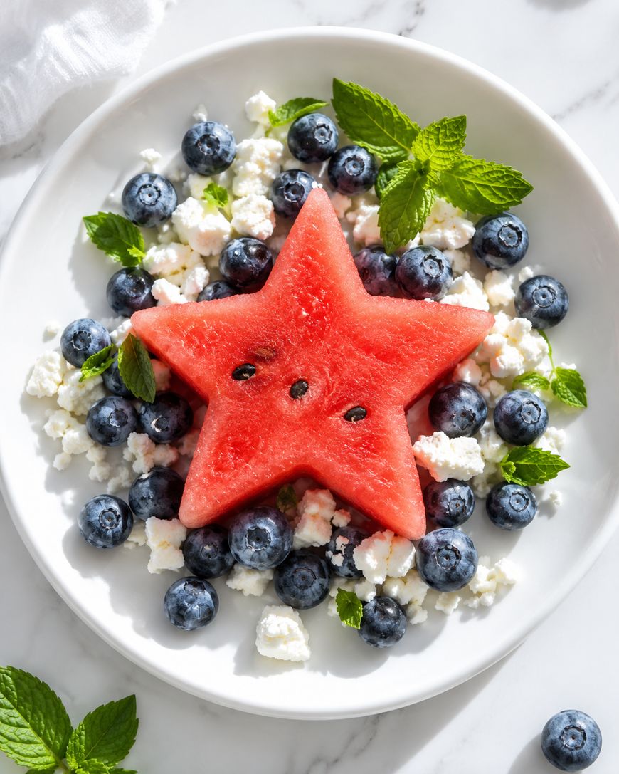 A plate with a star-shaped watermelon slice in the center, surrounded by blueberries, crumbled white cheese, and fresh mint leaves on a white marble surface.