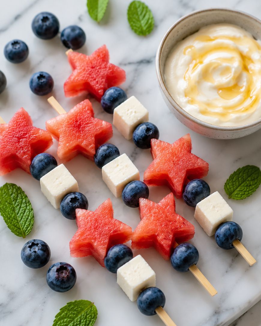 Wooden skewers with star-shaped watermelon slices, blueberries, and white cheese cubes arranged on a marble surface, garnished with mint leaves, next to a bowl of yogurt swirled with honey.