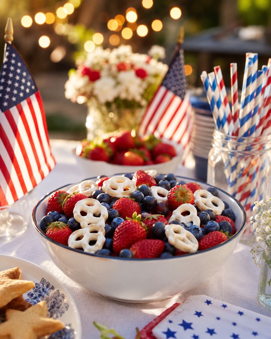 A bowl of blueberries, strawberries, and yogurt-covered pretzels sits on a festive table with American flags, striped straws, and flowers, suggesting a patriotic celebration outdoors.