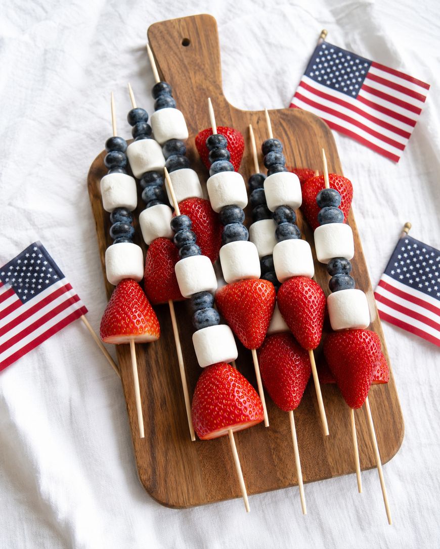 Skewers with strawberries, blueberries, and marshmallows arranged on a wooden board, resembling the American flag, with two small U.S. flags in the background on a white cloth.