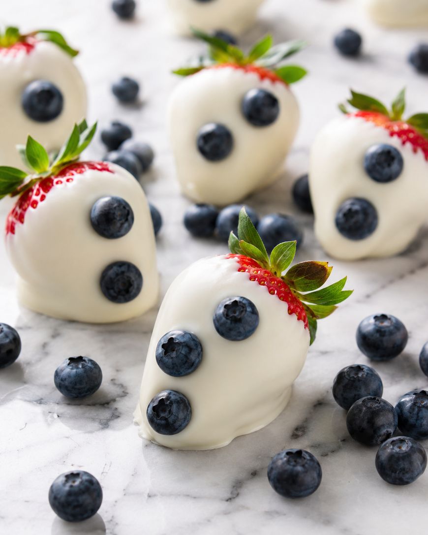 Strawberries dipped in white chocolate decorated with blueberries to resemble ghosts, arranged on a marble surface with scattered fresh blueberries.