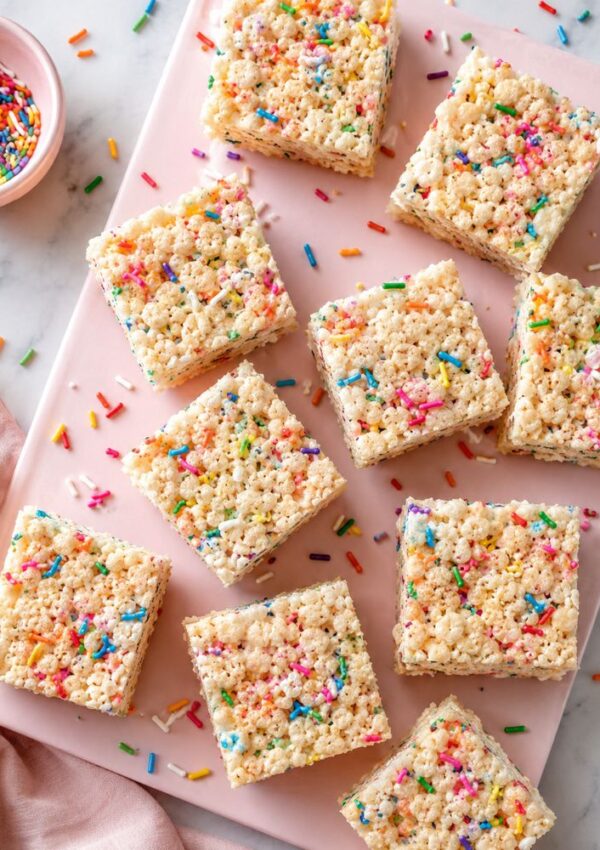 Nine gooey Rice Krispie Treats topped with colorful rainbow sprinkles are arranged on a light pink board. A bowl of extra sprinkles and a light pink cloth sit nearby, with a few sprinkles scattered around the treats.