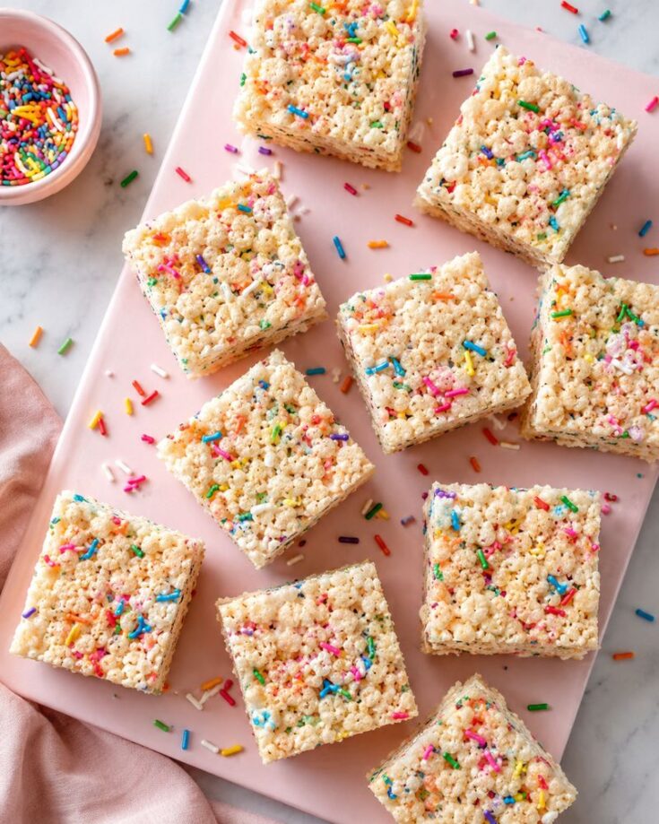 Nine gooey Rice Krispie Treats topped with colorful rainbow sprinkles are arranged on a light pink board. A bowl of extra sprinkles and a light pink cloth sit nearby, with a few sprinkles scattered around the treats.