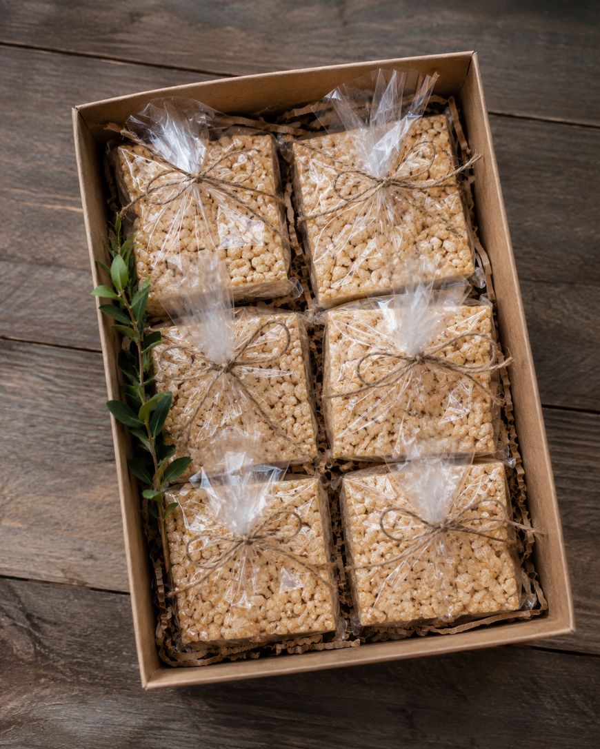 A cardboard box containing six rice crispy treats, each wrapped in clear plastic and tied with twine, with a small sprig of greenery placed in the box for decoration. The box sits on a wooden surface.