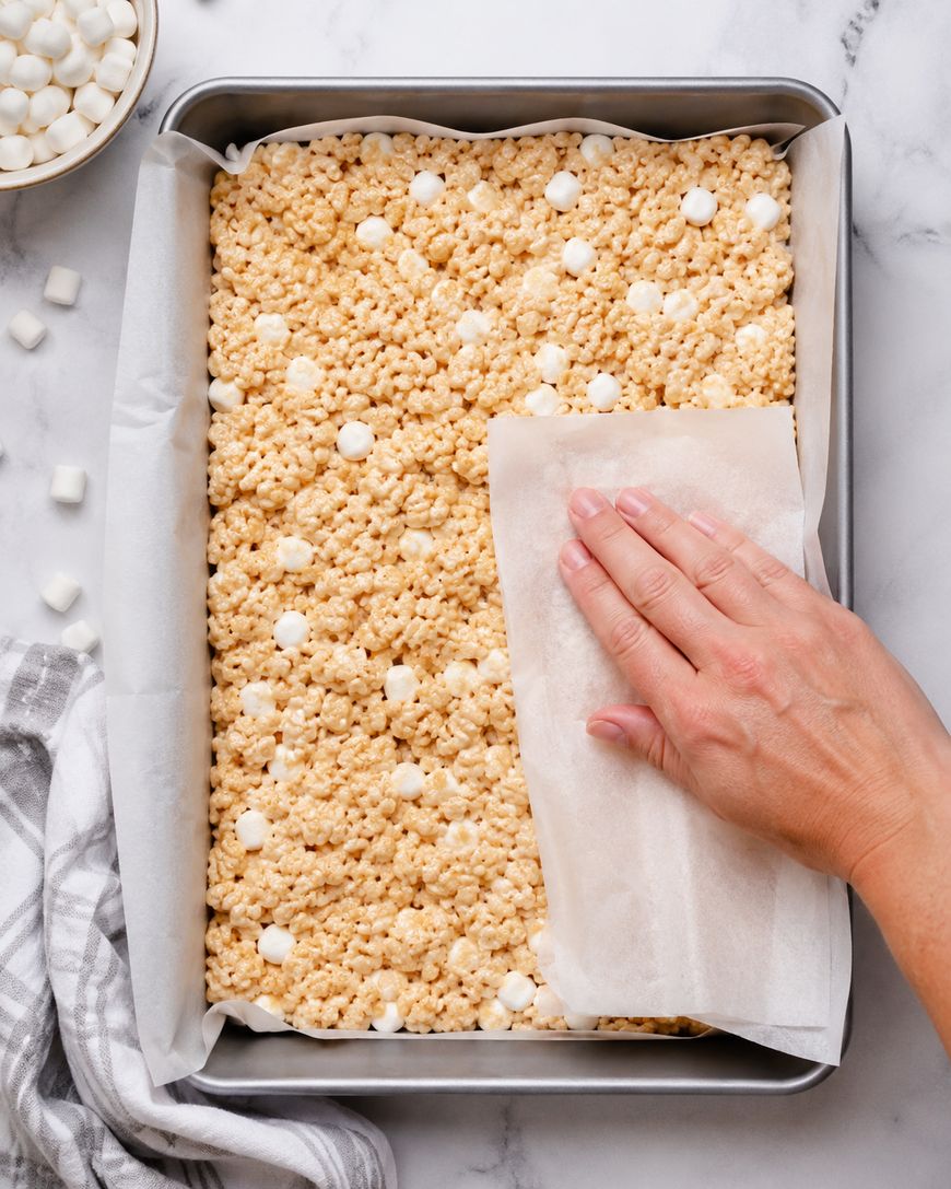 A hand presses parchment paper over a pan of Rice Krispies treats, with mini marshmallows visible. A bowl of marshmallows and a striped towel are nearby on a marble countertop.
