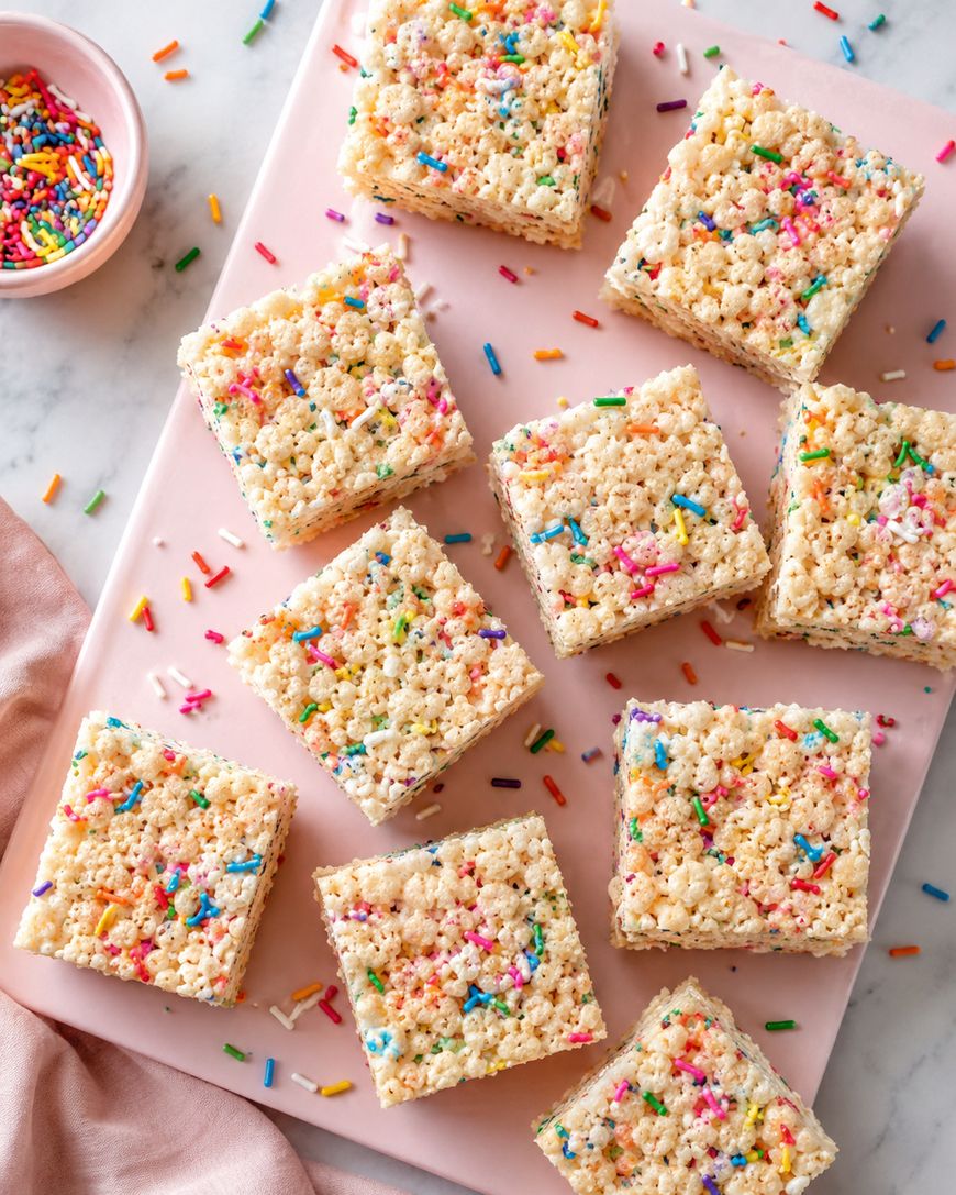 Nine square Rice Krispies treats topped with colorful rainbow sprinkles are arranged on a pink board. A small bowl of extra sprinkles and a light pink cloth are next to the treats, with more sprinkles scattered around.