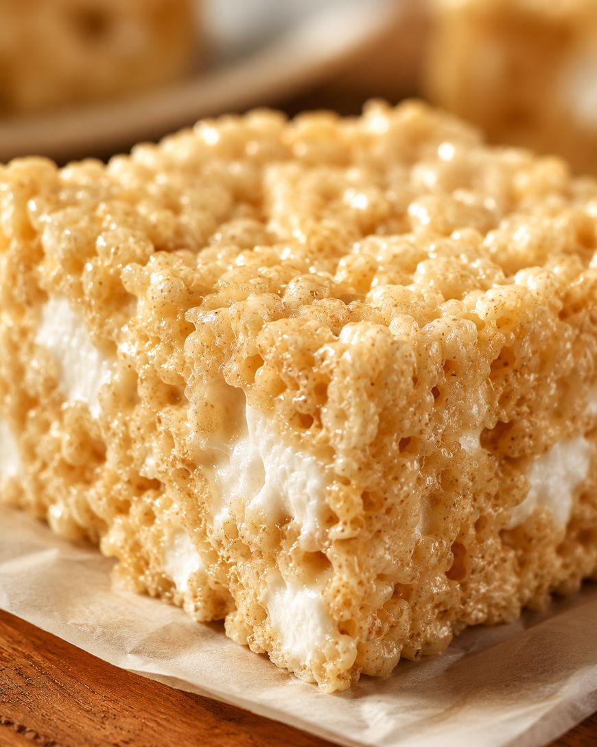 A close-up of a Rice Krispies treat, showing its golden, crispy rice cereal mixed with gooey melted marshmallows, resting on a piece of parchment paper.