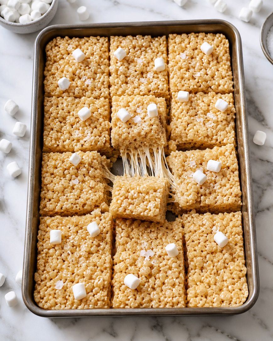 A tray of rectangular Rice Krispies treats topped with mini marshmallows, with one treat being lifted to show its gooey, stretchy texture. Some loose mini marshmallows are scattered around the tray on a marble surface.