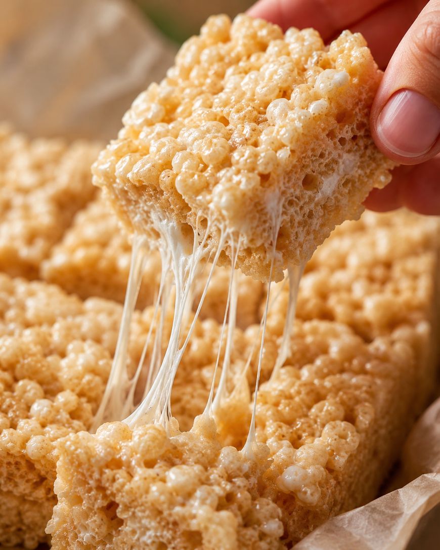 A close-up of a hand lifting a gooey Rice Krispies treat from a tray, with melted marshmallow stretching between the lifted square and the remaining treats.