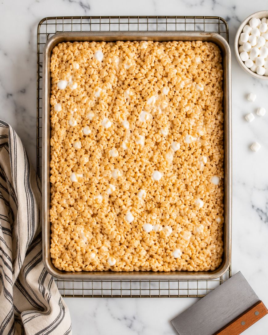 A metal baking pan filled with Rice Krispies treats sits on a wire rack. Nearby are mini marshmallows, a striped kitchen towel, and a metal spatula, all on a white marble surface.