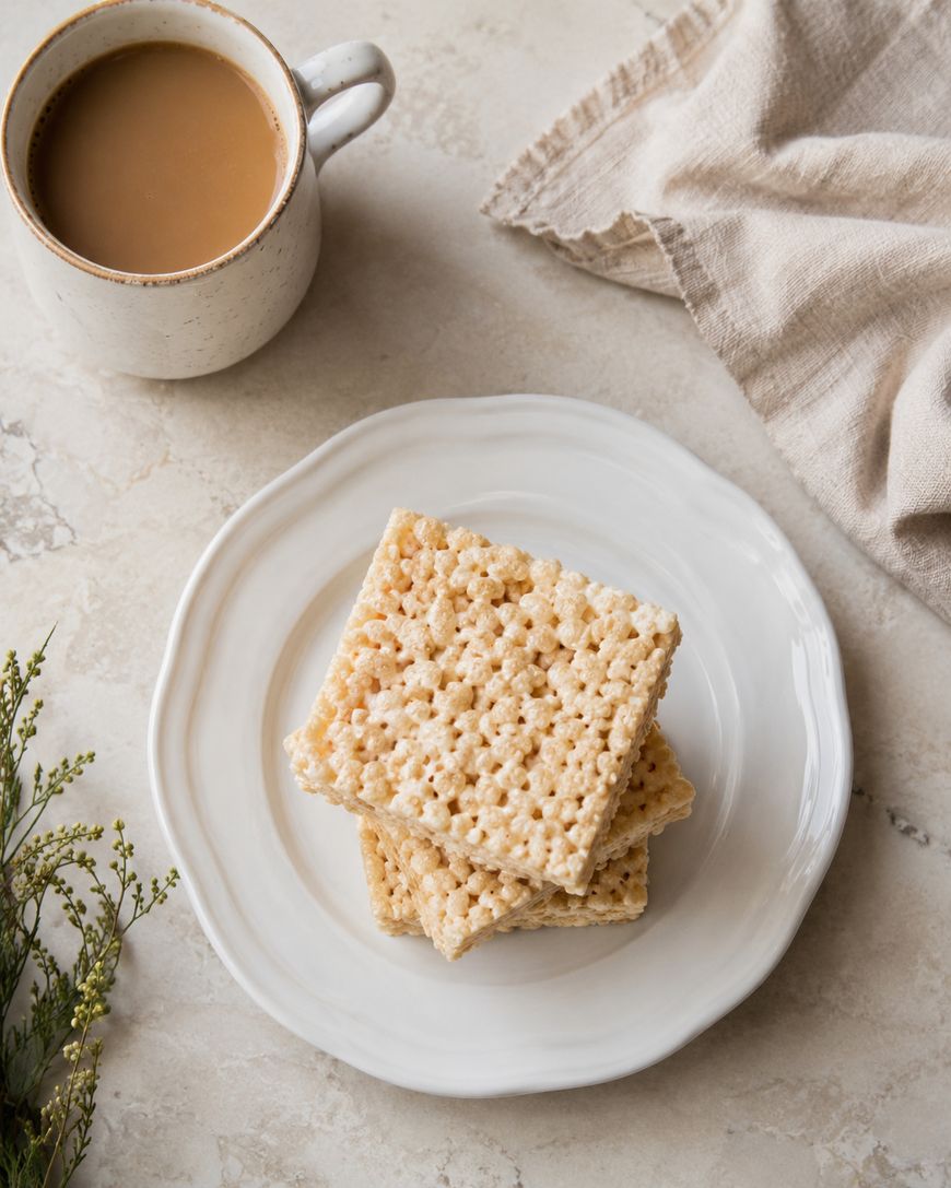 A white plate holds two stacked rice crispy treats next to a mug of coffee on a light surface. A beige napkin and sprigs of greenery are nearby.