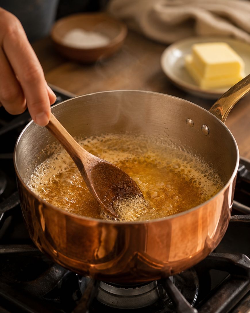 A hand stirs bubbling brown sauce in a copper saucepan on a stovetop with a wooden spoon; plates with butter and a bowl of salt are in the background.