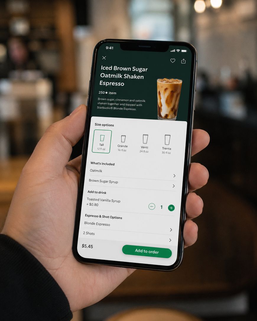 A hand holds a smartphone displaying a coffee order screen for an Iced Brown Sugar Oatmilk Shaken Espresso with size, syrup, and espresso options in a modern café setting.