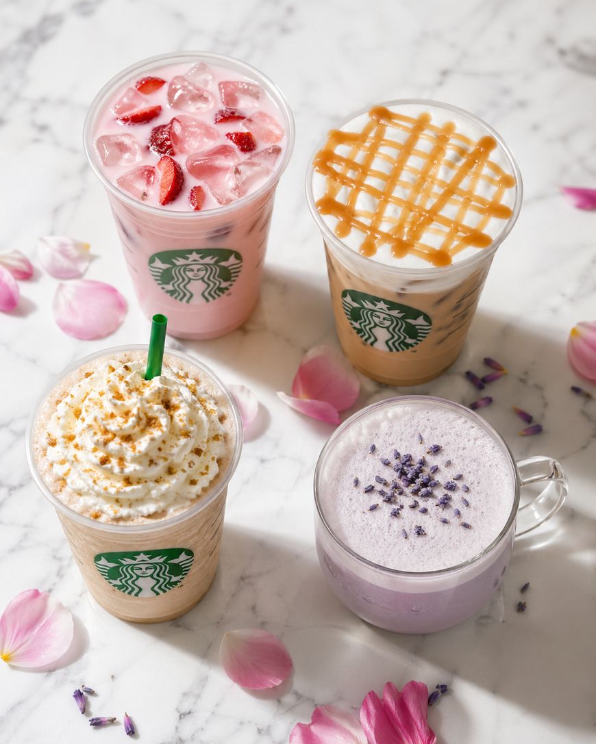 Four Starbucks drinks on a marble surface with pink flower petals: a pink iced drink with strawberries, an iced latte with caramel drizzle, a frappuccino with whipped cream, and a purple latte with lavender on top.
