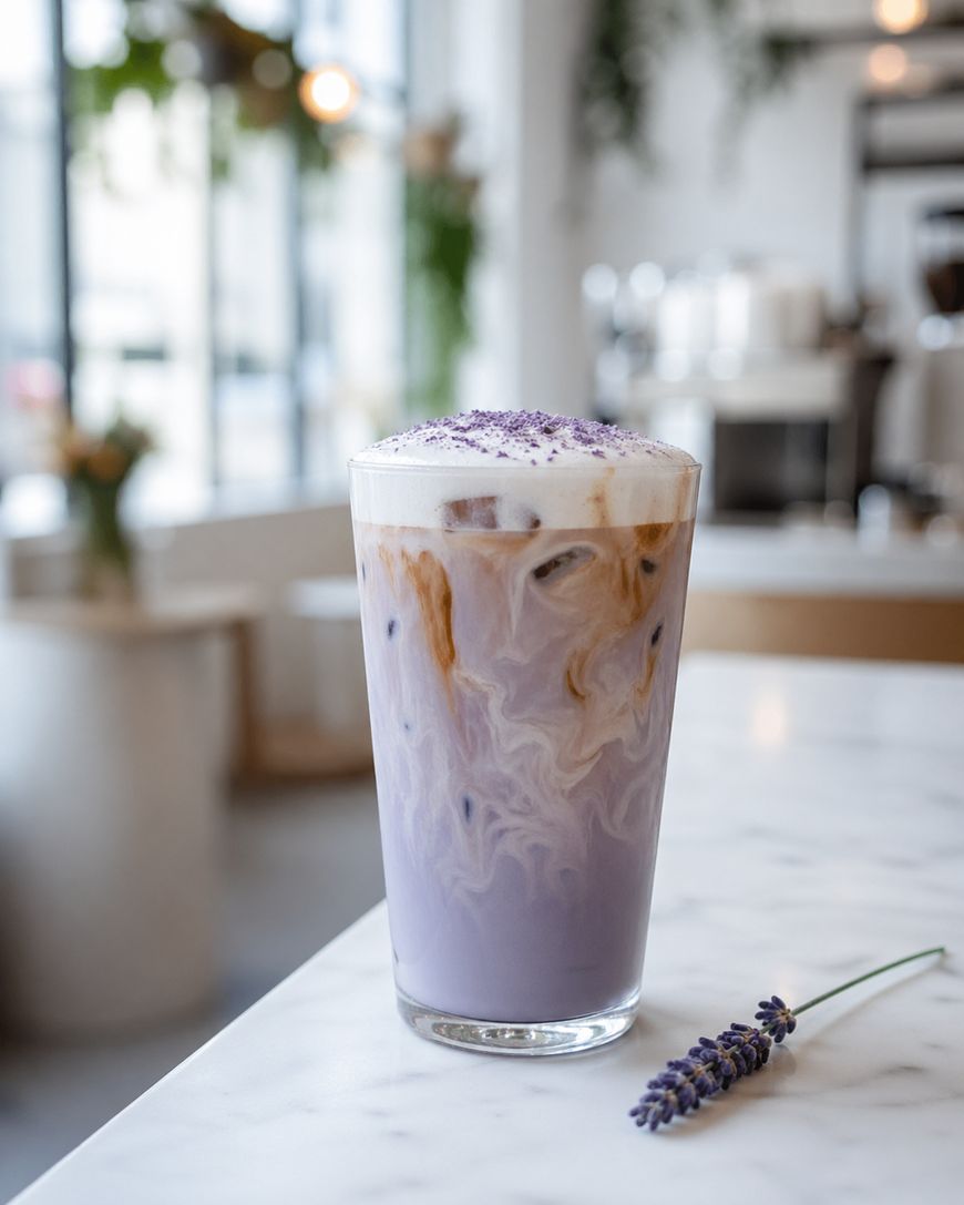 A glass of iced lavender latte with swirling layers of milk and espresso sits on a marble table, topped with foam and purple sprinkles. A sprig of lavender rests nearby in a bright, modern café setting.