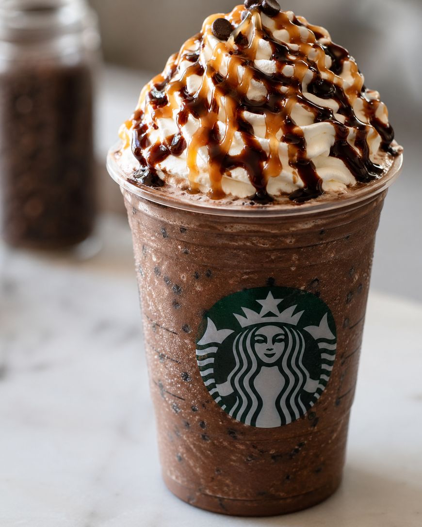 A Starbucks cold blended chocolate drink topped with whipped cream, chocolate syrup, and caramel drizzle, served in a clear plastic cup with the Starbucks logo.