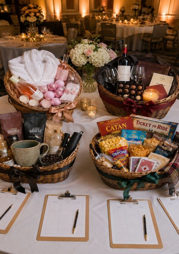 Four themed gift baskets—spa, wine and chocolate, coffee, and board game—sit on a round table at the charity event, surrounded by flowers, candles, and two clipboards. Perfect silent auction basket ideas for your next fundraising!.