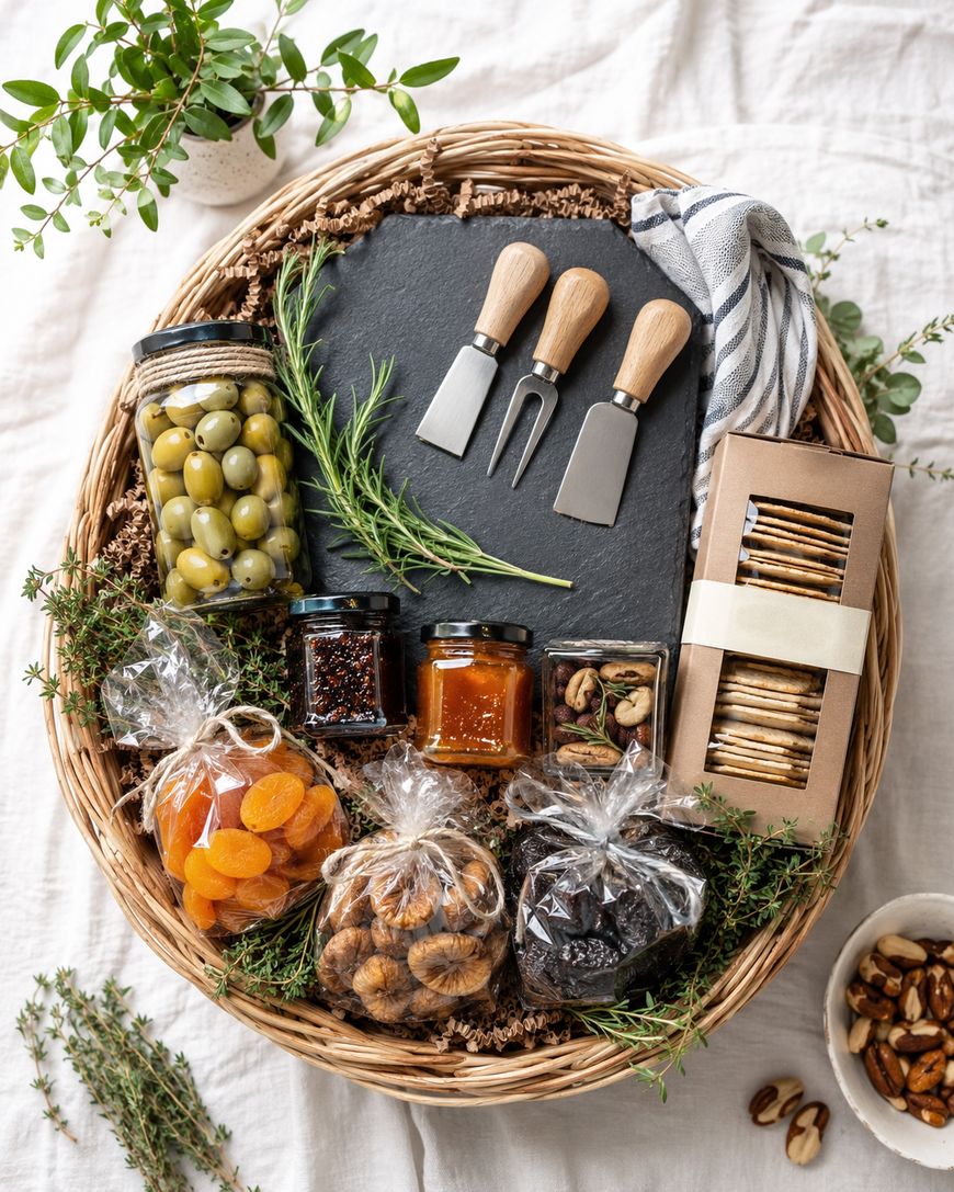 A wicker basket contains jars of olives, honey, and jams, packets of dried fruits and nuts, a box of crackers, cheese knives, fresh herbs, and a striped napkin, arranged on a white cloth.