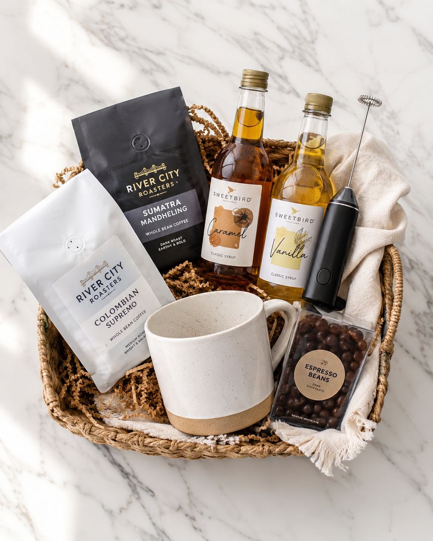 A woven basket filled with coffee gift items: two coffee bags, a ceramic mug, two syrup bottles, a small jar of espresso beans, and a handheld milk frother, all arranged on a marble surface.