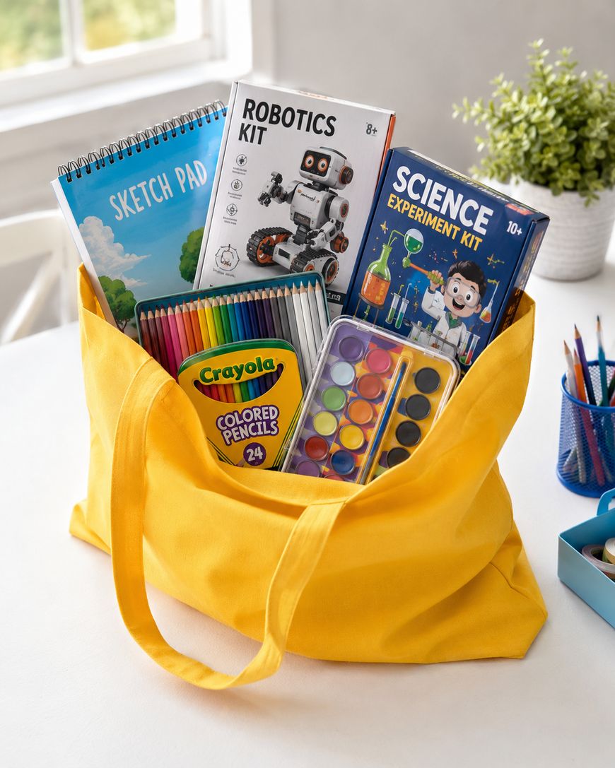A yellow tote bag filled with a sketch pad, robotics kit, science experiment kit, colored pencils, paint palette, and a box of markers sits on a white table near a window and potted plant.