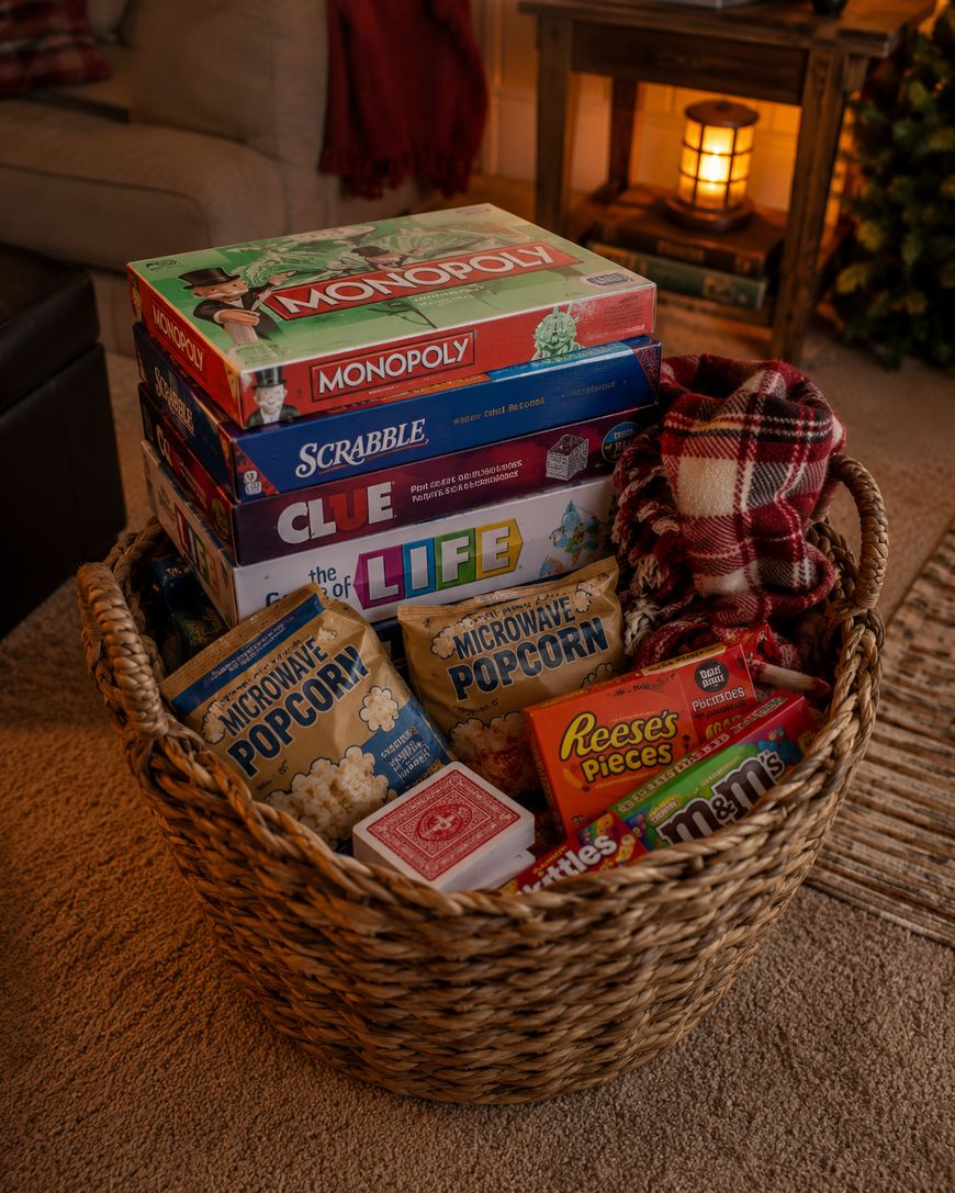 A wicker basket on a carpet contains bags of microwave popcorn, Reese’s Pieces, M&M’s, a deck of playing cards, a red plaid blanket, and stacked board games: Monopoly, Scrabble, Clue, and The Game of Life.