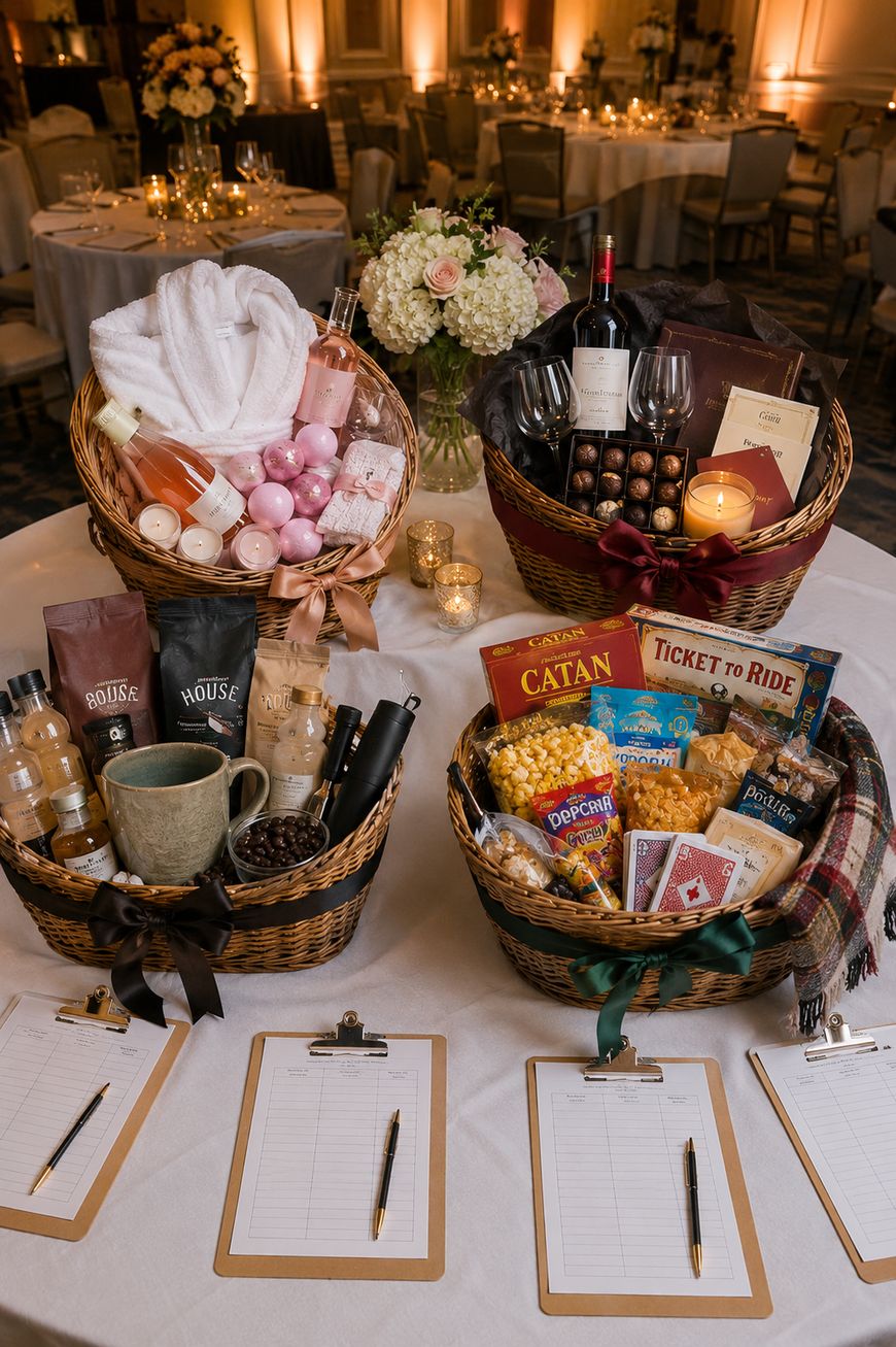 Four gift baskets are arranged on a round table, filled with items like spa products, wine, chocolates, snacks, board games, and mugs. Two clipboards with papers are placed in front of the baskets. Elegant decor is visible in the background.