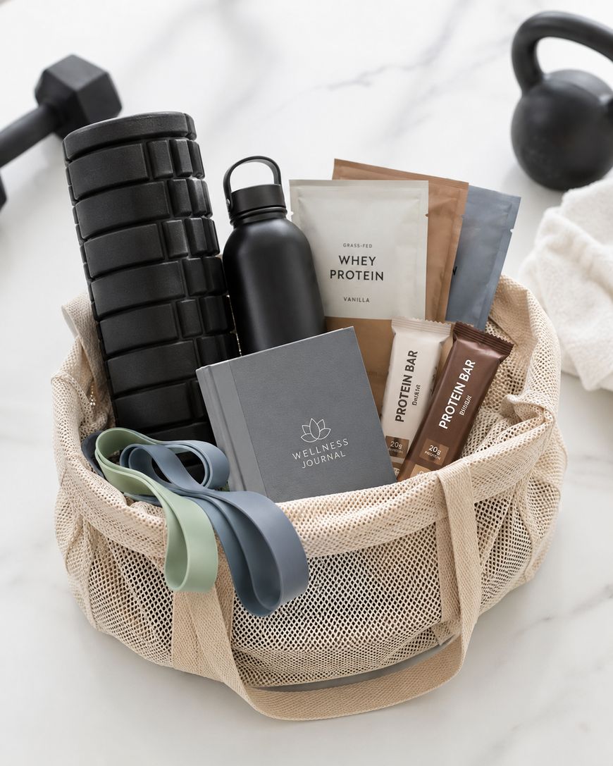 A beige mesh gym bag containing a black foam roller, black water bottle, protein powder packets, protein bars, resistance bands, and a grey wellness journal, placed on a white surface near a kettlebell and towel.