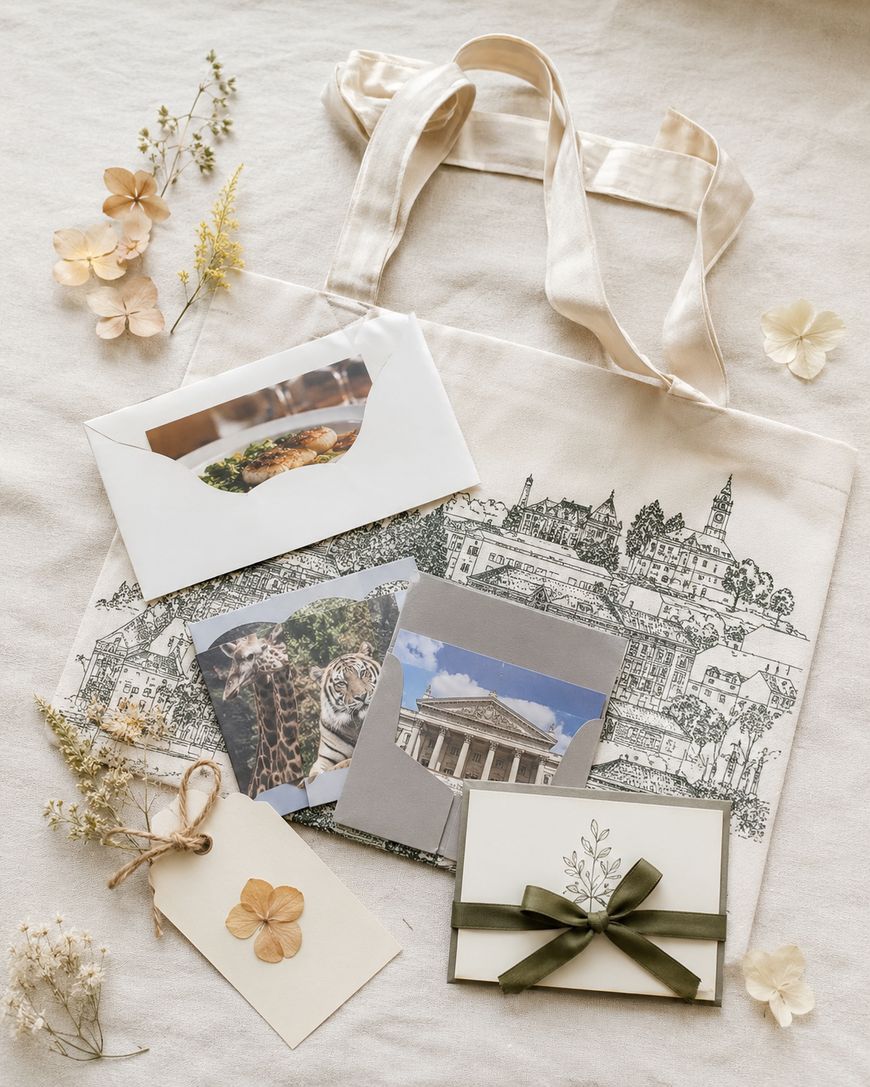 A cream tote bag with a cityscape design is displayed on a beige fabric, surrounded by greeting cards, envelopes, dried flowers, and a gift tag with a pressed flower.
