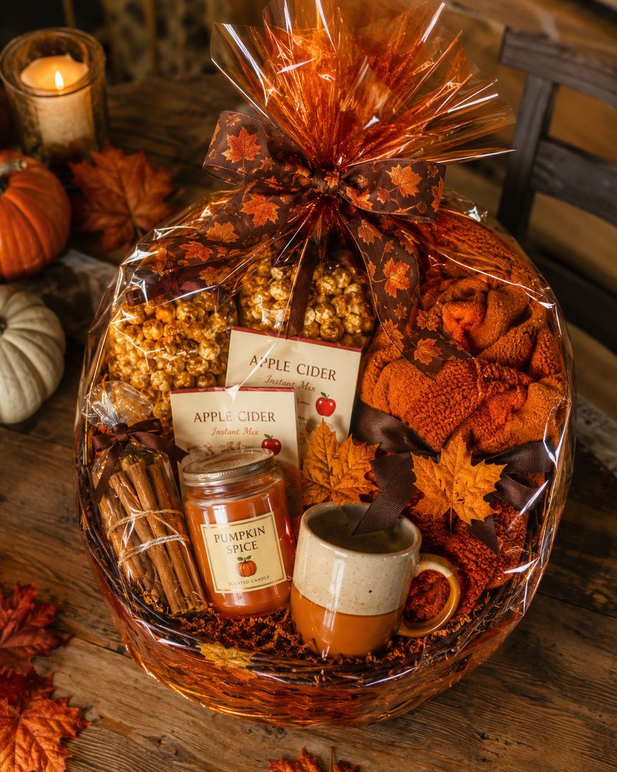 A fall-themed gift basket with a brown bow, filled with apple cider packets, a pumpkin spice candle, a mug, cinnamon sticks, popcorn, an orange scarf, and artificial autumn leaves on a wooden table with pumpkins and a lit candle nearby.