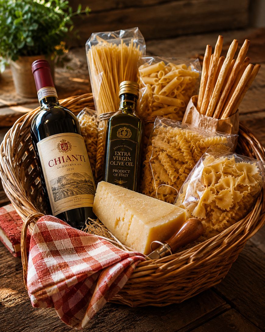 A wicker basket filled with a bottle of Chianti wine, a bottle of extra virgin olive oil, various types of dried pasta, a wedge of cheese with a cheese knife, and breadsticks, on a rustic wooden table.