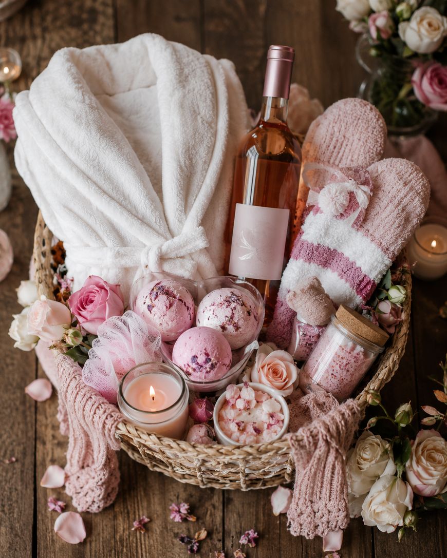A woven basket filled with a white robe, pink-striped socks, a bottle of rosé wine, bath bombs, a candle, a jar of bath salts, and pink roses, arranged on a wooden surface with scattered flower petals.
