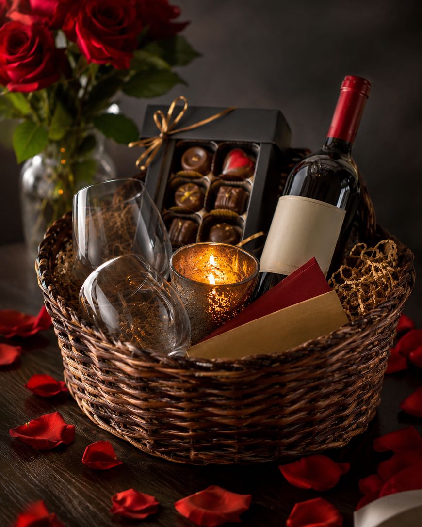 A wicker basket with a wine bottle, two empty glasses, a lit candle, a box of chocolates, and two envelopes, surrounded by rose petals. A vase with red roses is in the background.